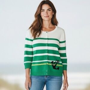 Talbots Green White Striped Anchor Nautical Cotton Cardigan Sweater Coastal  S